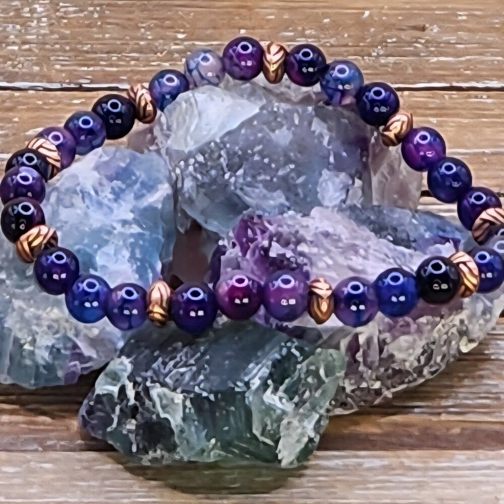 Blue-Purple Dragon Vein Agate and Copper Beaded Bracelet